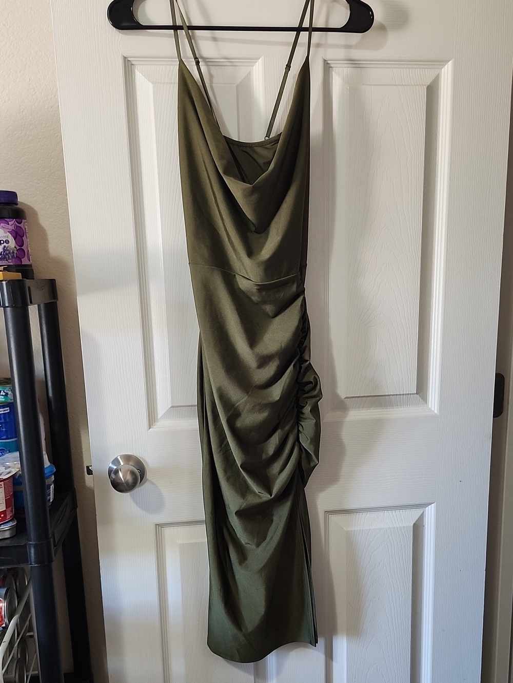 Olive Green Cowl Neck Ruched Slip Dress